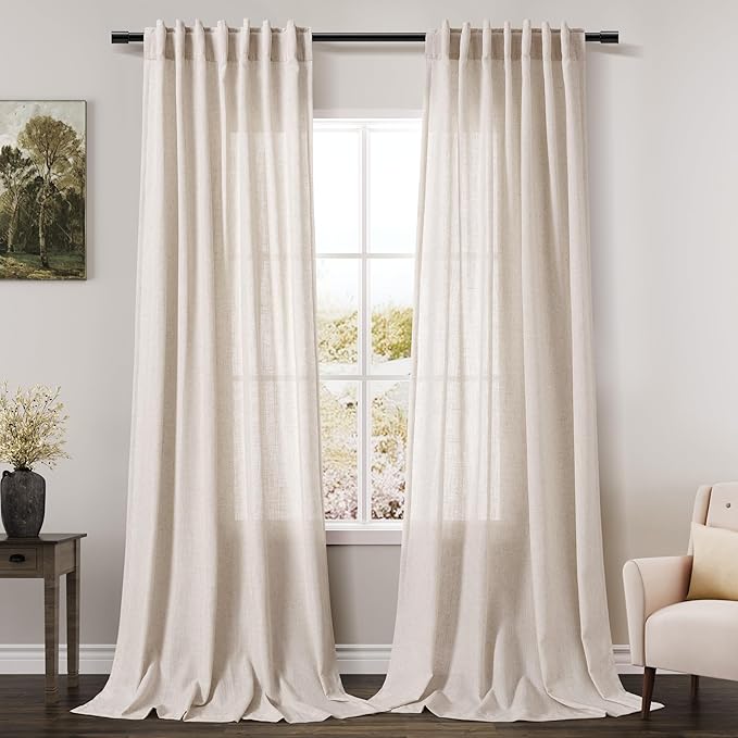 Long Curtain 105 inches Long 2 Panels Set Back Tab Beige Linen Drapes by Nanspring
