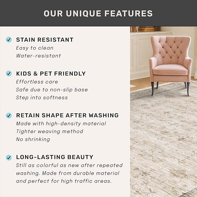 Washable Ivory 6x9 Living Room Rug, Non Slip Dinning Rugs - Image 7