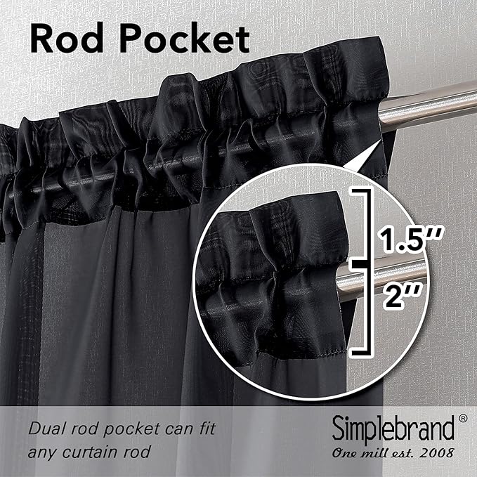 Simplebrand Black Sheer Curtains 108 Inches Long, Extra Long Rod Pocket Solid - Image 6