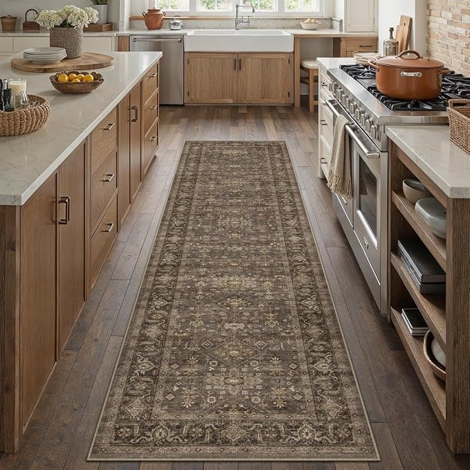 2'6x8 Washable Runner Rug for Hallway Kitchen Vintage Brown Non Slip Low Pile - Image 4