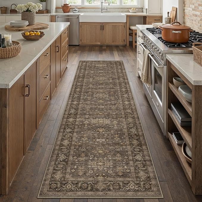 2x12 Washable Runner Rug for Hallway Kitchen Vintage Brown Non Slip Low Pile - Image 4