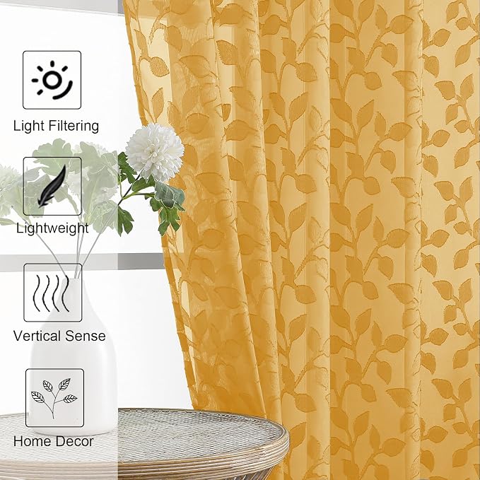 Chyhomenyc Gold Sheer Curtains 24 Inch Length, Light Filtering Leaf Tufted - Image 3
