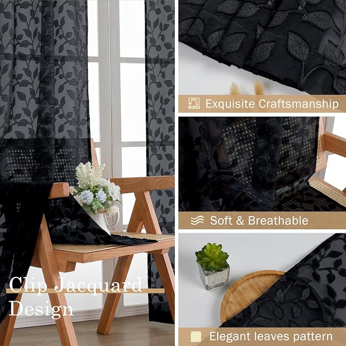 Chyhomenyc Black Short Curtains 45 Inch Length 2 Panels, Light Filtering Leaf - Image 6