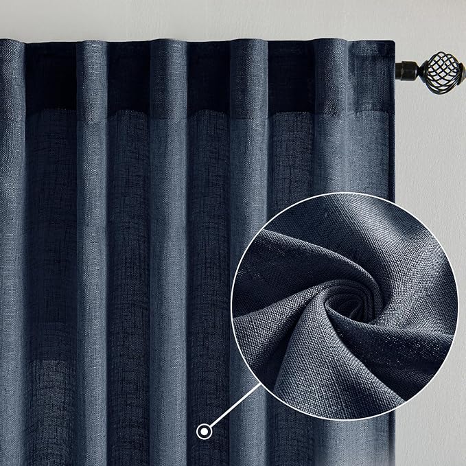 MIULEE Navy Blue Linen Curtains 84 Inch Length 2 Panels - Image 2