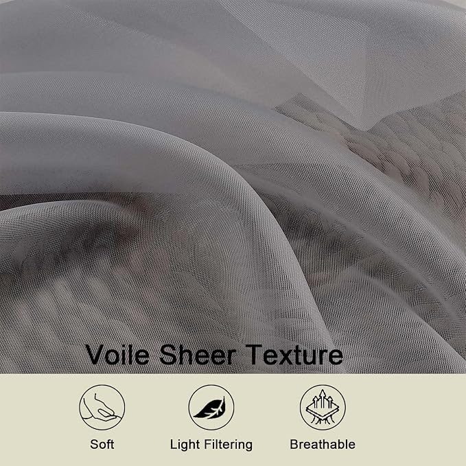 Grey Sheer Curtains for Bedroom Living Room 45 Inch Length 2 Panels, Soft Light - Image 3