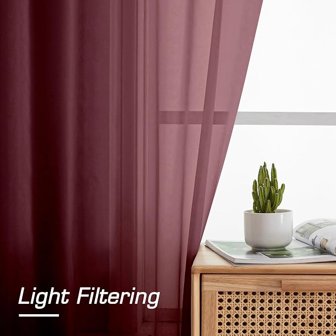 Simplebrand Burgundy Red Sheer Curtains 90 Inches Long 2 Panels, Light - Image 3