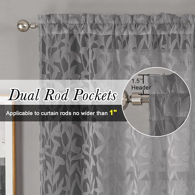Lecloud Leia Charcoal Grey Sheer Kitchen Curtains 30 Inch Length 2 Pcs - Image 5