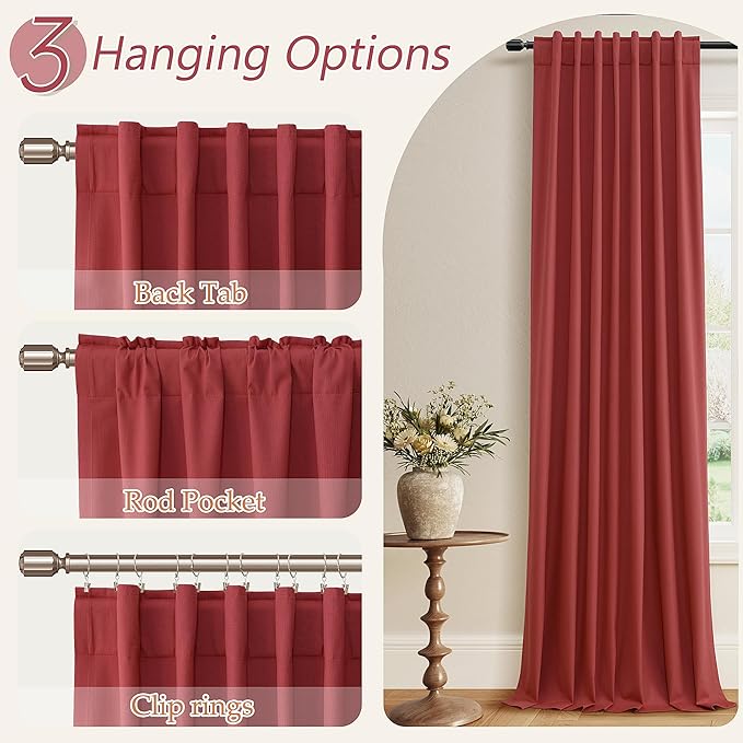 Guken Red 100% Blackout Linen Curtains 120 Inch Length 2 Panels Set - Image 6