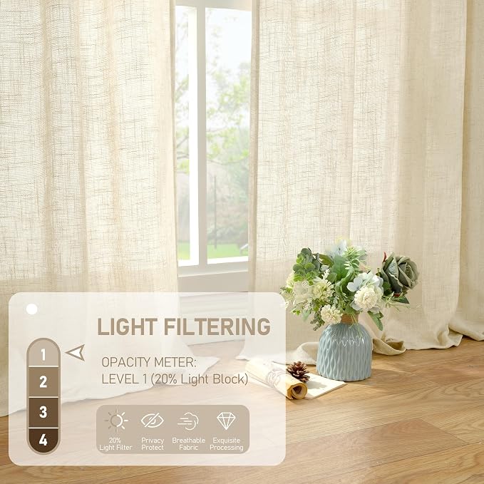 LAMIT Beige Linen Curtains for Living Room 80 inch Length, Light Filtering Semi - Image 4