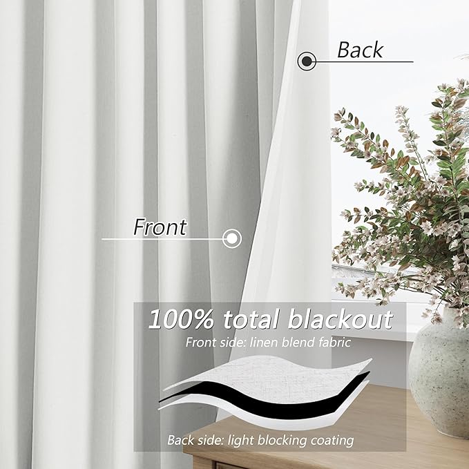 Guken White 100% Blackout Linen Curtains 108 Inch Length 2 Panels Set - Image 4