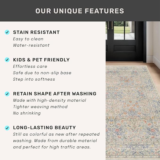 Beige Blue Living Room Rug 5x7, Cottage Area Rug - Image 7