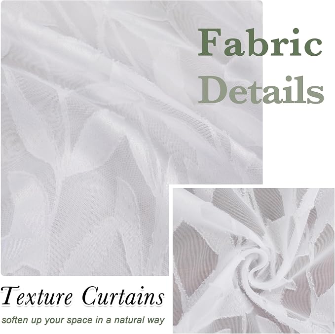 Lecloud Leia White Sheer Kitchen Curtains 36 Inch Length 2 Pcs, Jacquard Leaf - Image 4