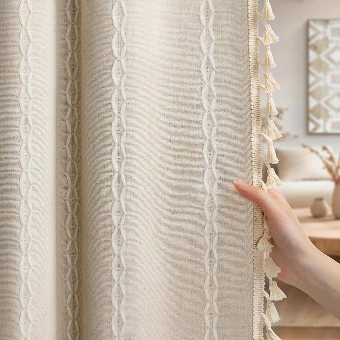 Boho Blackout Curtains 96 Inches Long Beige Linen Blend 2 Panels - Image 8