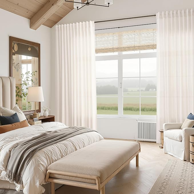Ivory White Linen Curtains for Living Room 105 Inches Long Light Filtering Semi - Image 7
