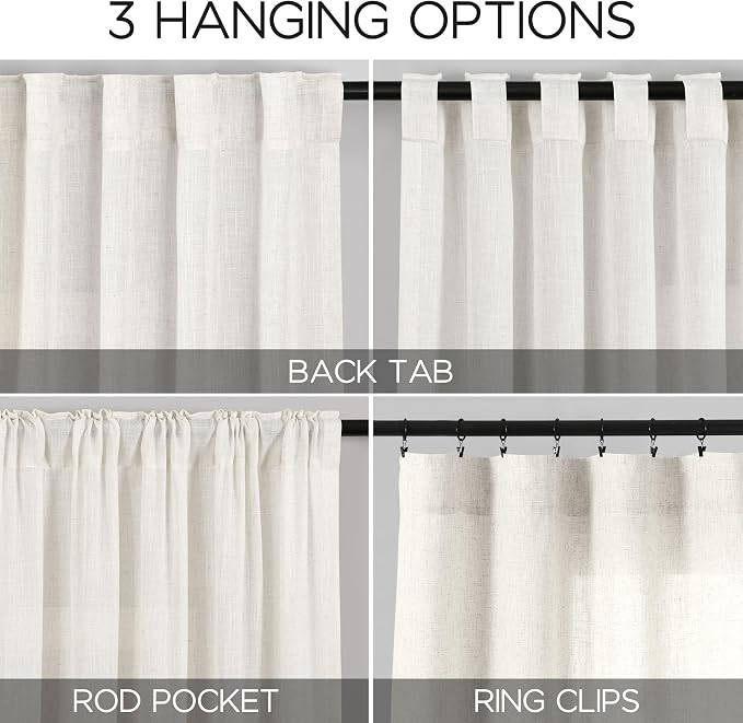 Nanspring Beige White Linen Curtains 84 Inch Length 2 Panels Set - Image 2