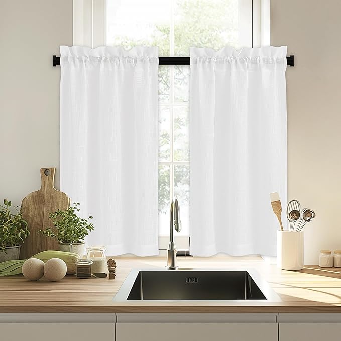 RYB HOME Half Curtains for Windows, Rod Pocket Decorative Thick Linen Burlap - Image 5