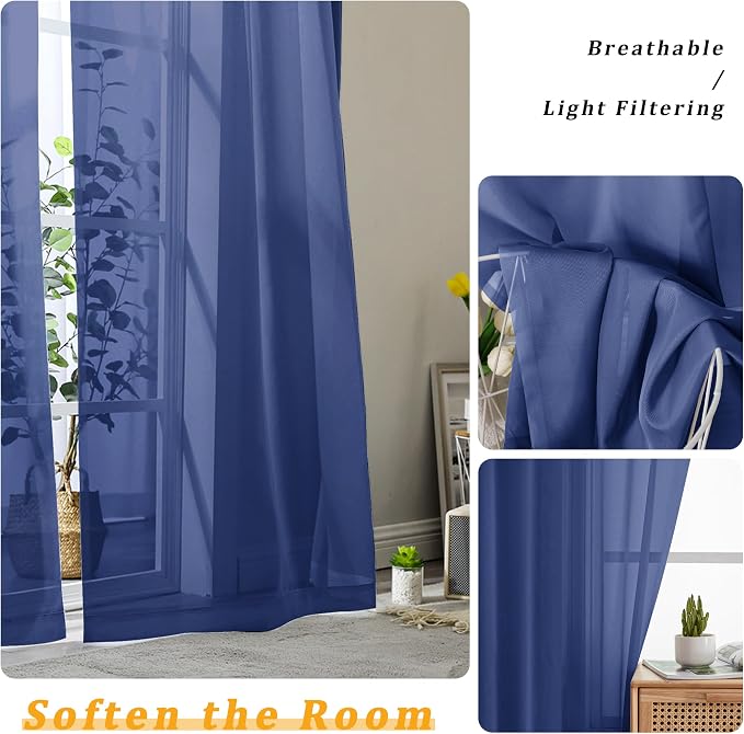 Gwine Royal Blue Sheer Curtain Tiers 24 Inch Length, Light Filtering Voile - Image 4