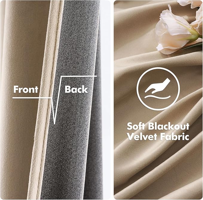 MIULEE 2 Panels Blackout Velvet Curtains Solid Soft Grommet Camel Beige Curtain - Image 3