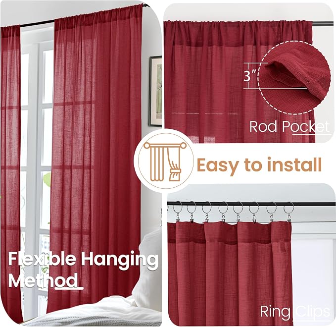 BGment Burgundy Linen Curtains 45 Inch Length - Image 6
