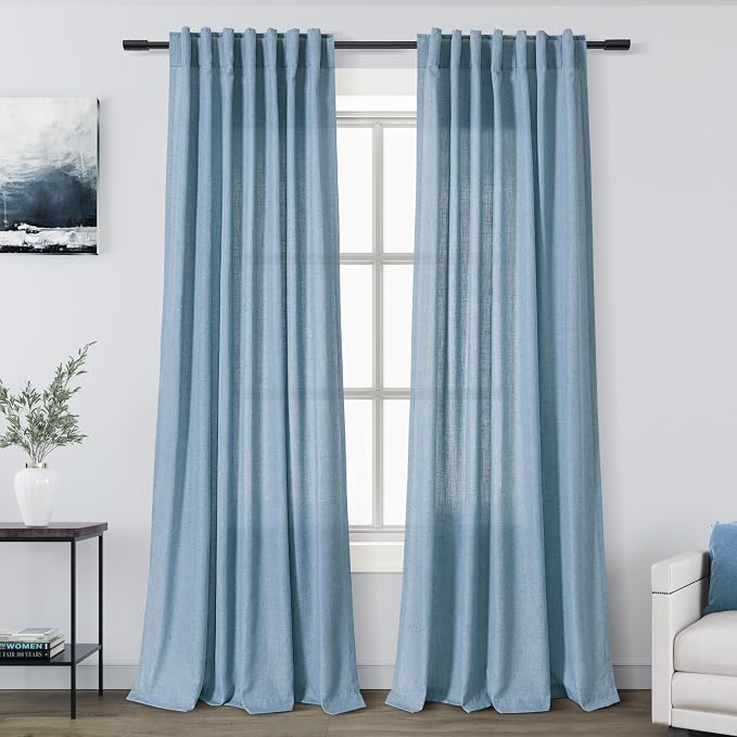 Dusty Blue Linen Curtains 92 Inch Length 2 Panels Set by Nanspring