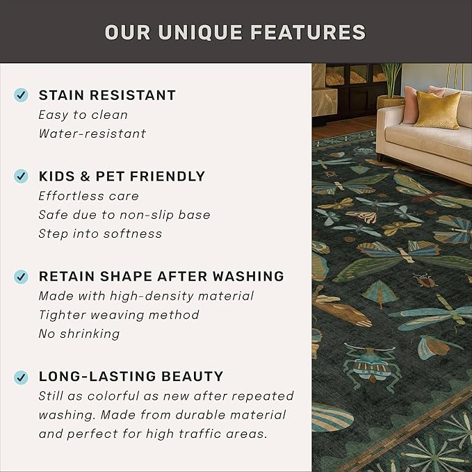 6x8 Dark Green Washable Dining Room Rug - Image 7