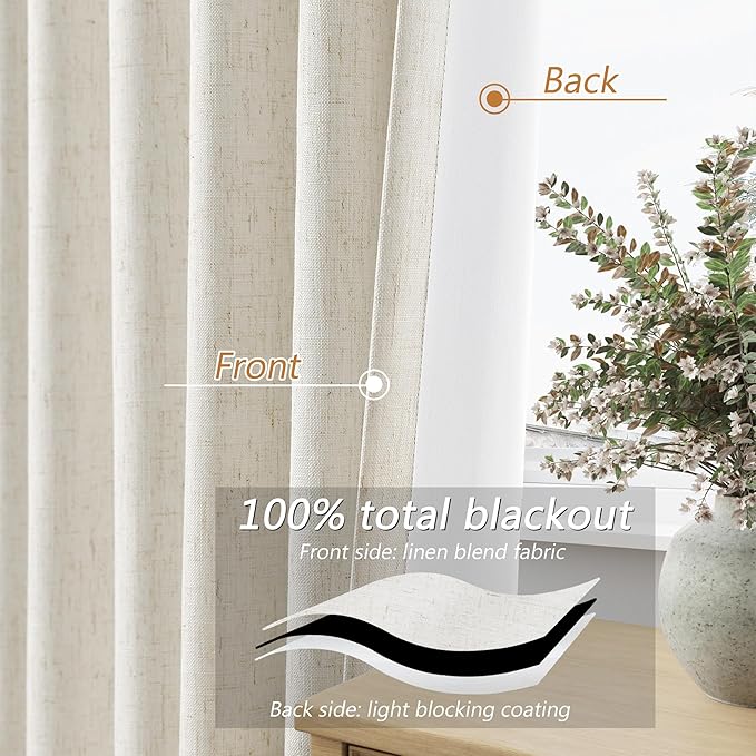 Cream 100% Blackout Linen Curtains 63 Inch Length 2 Panels Set - Image 3