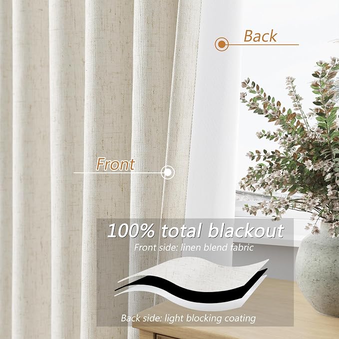 Guken Cream 100% Blackout Linen Curtains 102 Inch Length 2 Panels Set - Image 3