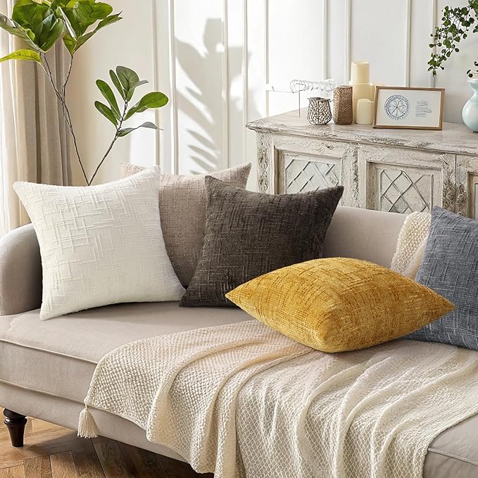 decorUhome Summer Mustard Yellow Chenille Throw Pillow Covers 16x16 Set of 2 - Image 5