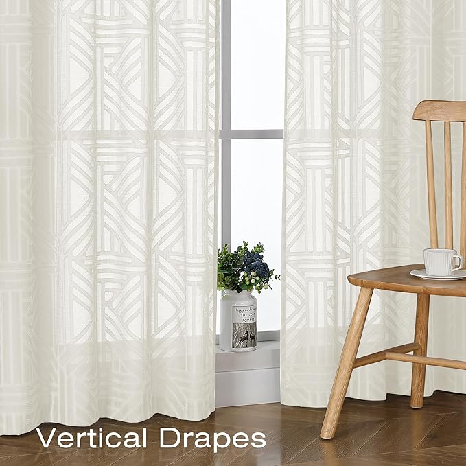 Simplebrand Semi Sheer Ivory Curtains 36 Inch Length 2 Panels, Geometric - Image 6