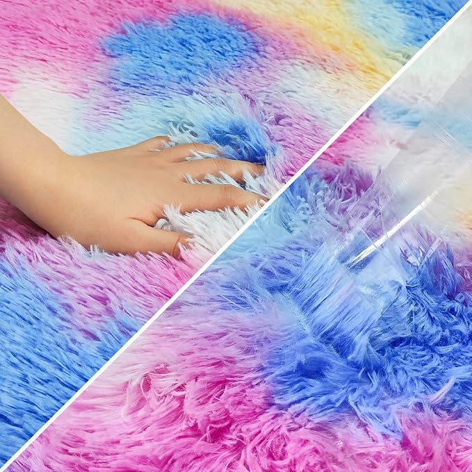 Fluffy Colorful Rug for Bedroom 2x8 ft Kawaii Tie-Dyed Area Rug Non Slip Cute - Image 6