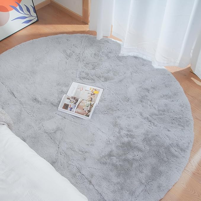 ORINOVA Grey Washable Fluffy Round Rugs 6ft Faux Bunny Fur Rugs - Image 2