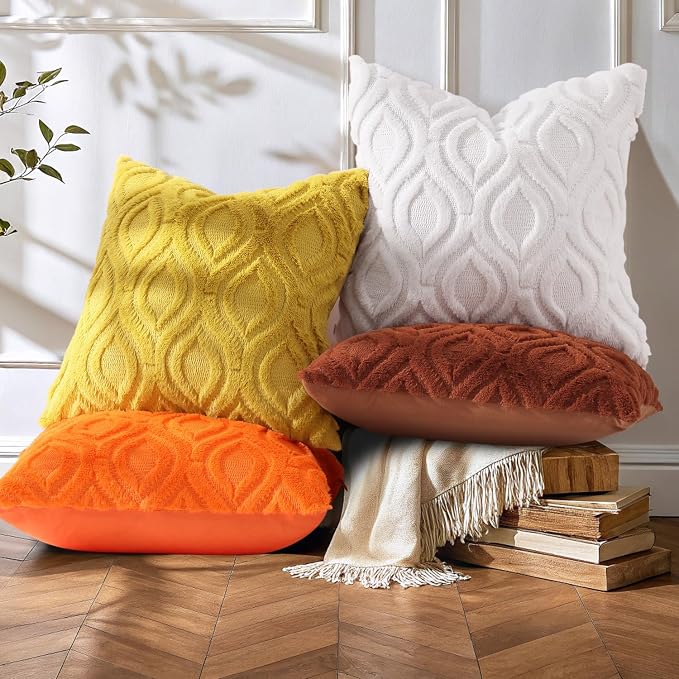 decorUhome Throw Pillow Covers 24x24 Inch Set of 2, Soft Plush Faux Wool Cream - Image 7