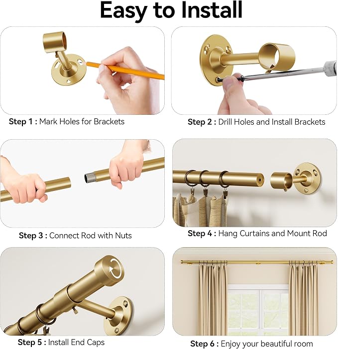 YaFex Heavy Duty Curtain Rods 32-60 Inch, 1 Inch Adjustable Gold Curtain Rod - Image 8
