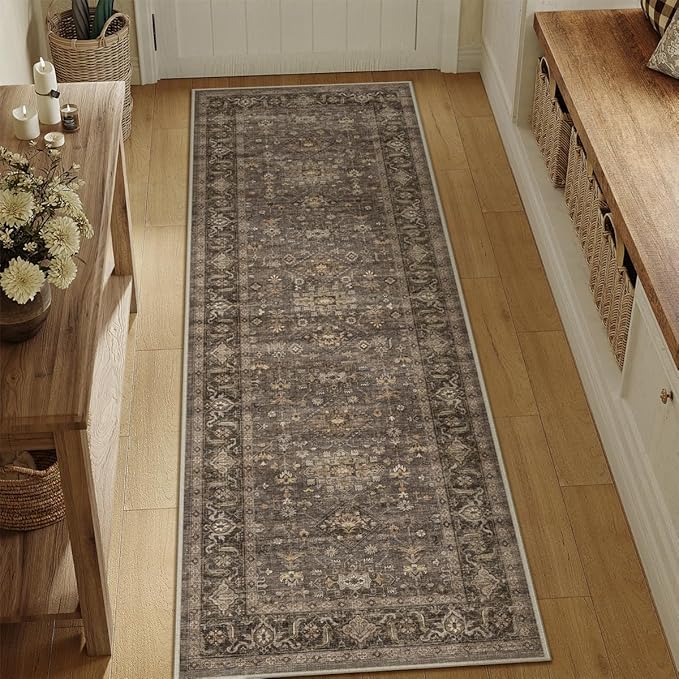 2x7 Washable Runner Rug for Hallway Kitchen Vintage Brown Non Slip Low Pile by WondRg