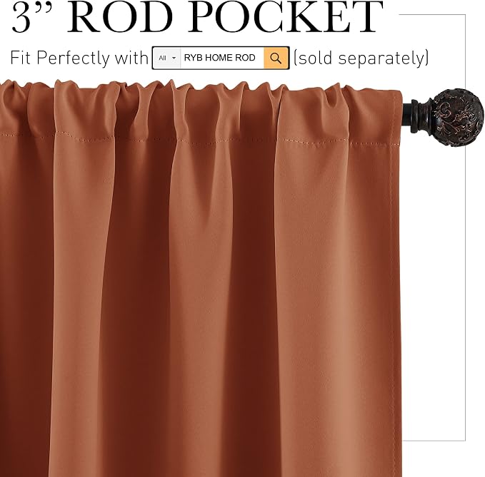 RYB HOME Short Burnt Orange Blackout Curtains - Image 2