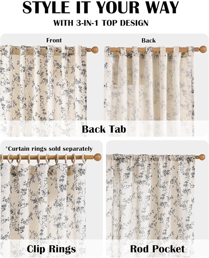 Lazzzy Farmhouse Linen Curtains Black Floral Curtains 63 Inch Length Back Tab - Image 5