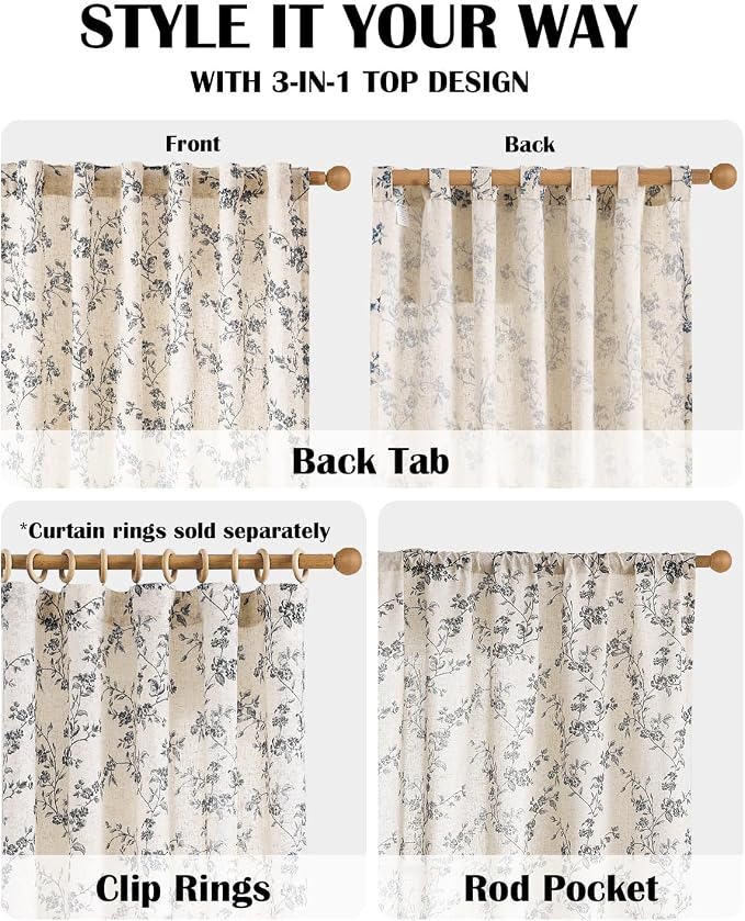 Lazzzy Black Floral Linen Curtains 96 Inch Farmhouse Back Tab Drapes - Image 4
