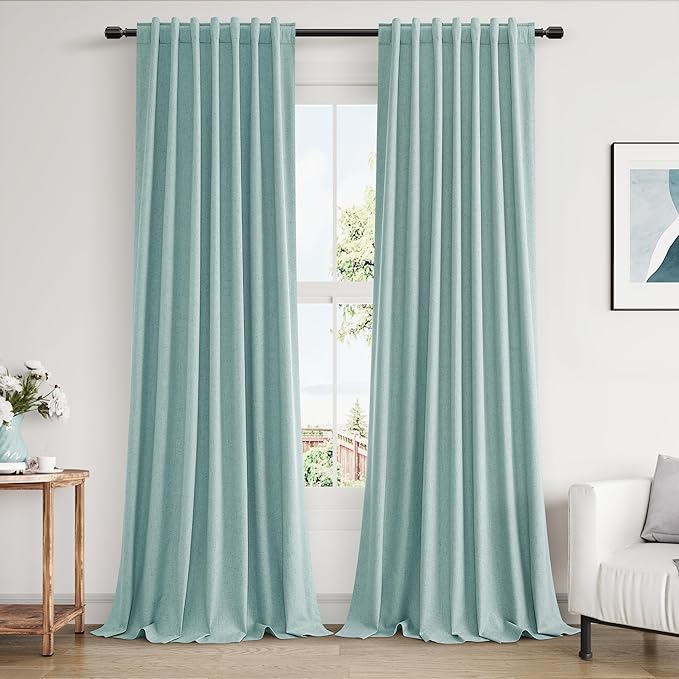 Guken Light Blue 100% Blackout Linen Curtains 100 Inch Length 2 Panels Set by Guken