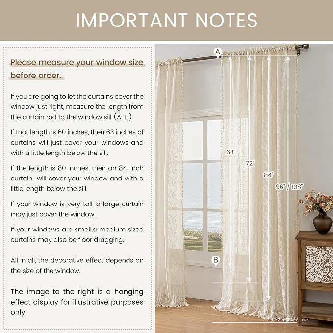 WAZZIO Boho Lace Curtains 2 Panels 108 Inches -Cute Vintage Victorian Sheer - Image 8