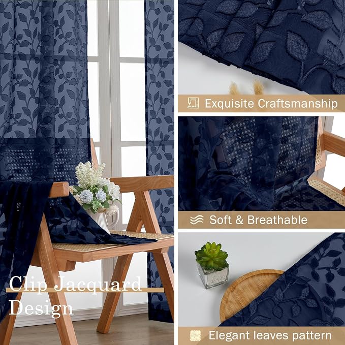 Chyhomenyc Navy Blue Sheer Curtains 24 Inch Length, Light Filtering Leaf Tufted - Image 6