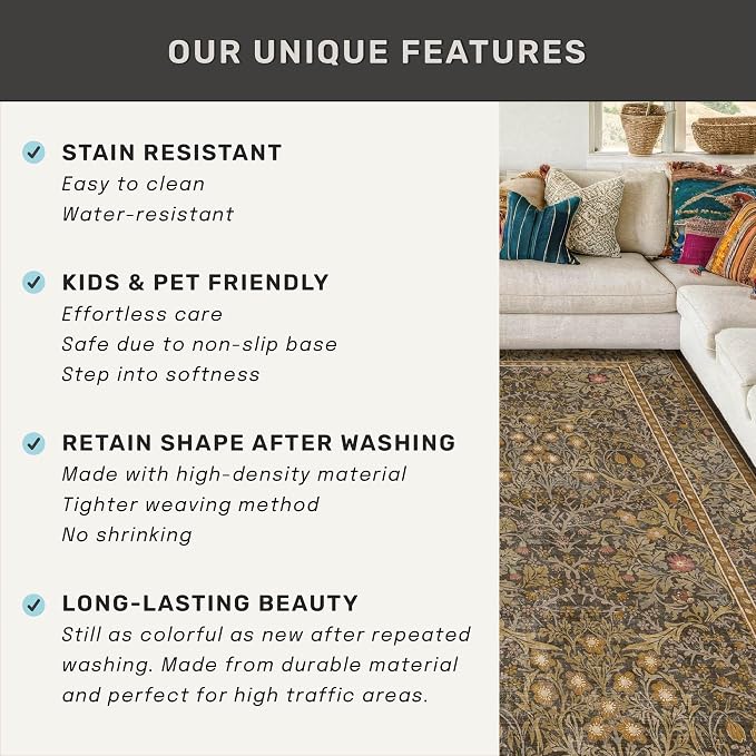 Brown 3x8 Vintage Kitchen Runner Rug Stain Resistant, Wide Washable Non Skid - Image 5