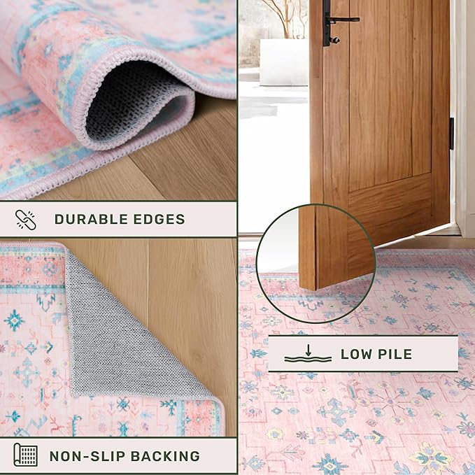 Hazo Haus Pink and Blue Washable 5x8 Living Room Rugs, Boho Aethestic Oushak - Image 5