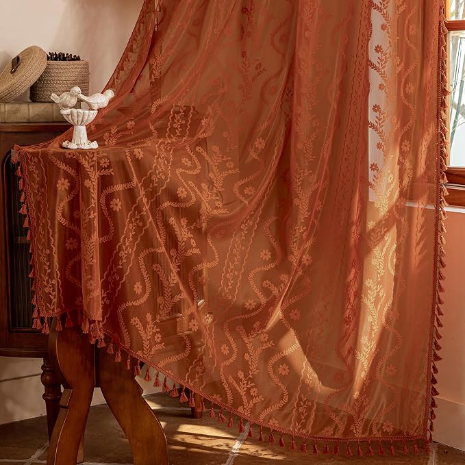 WAZZIO Boho Lace Curtains 72 Inch 2 Panels-Vintage Sheer Panel Drape Floral by WAZZIO