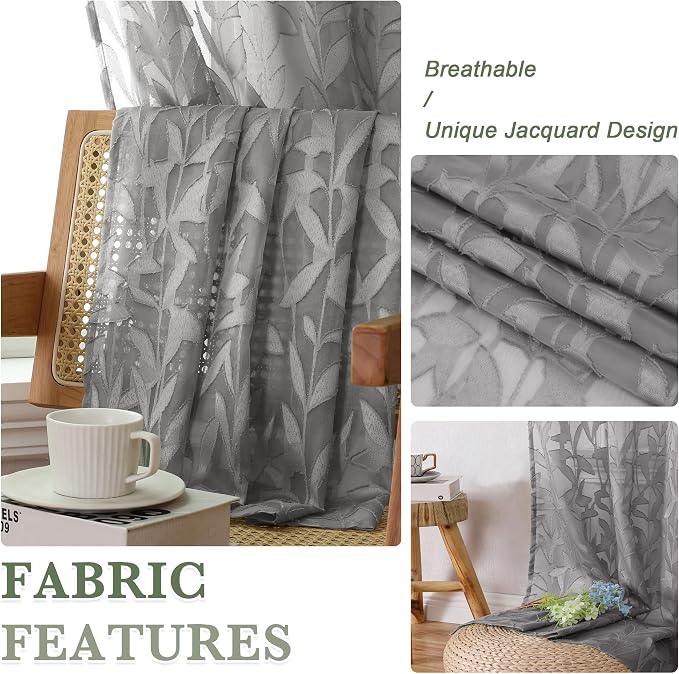 Lecloud Leia 36 Inch Charcoal Grey Sheer Curtains Tiers 2 Panels, Clip Textured - Image 3
