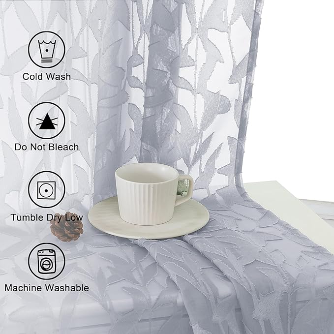 Lecloud Leia Light Grey Sheer Curtains 96 Inches Long 2 Panels, Jacquard Leaves - Image 7
