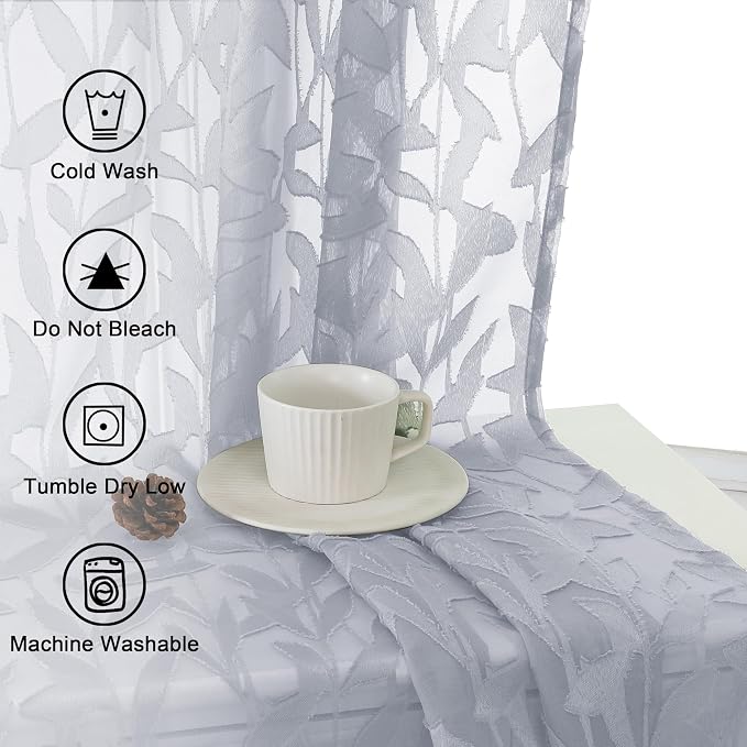 Lecloud Leia Light Grey Sheer Curtains 63 Inch Length 2 Panels, Jacquard Leaf - Image 7