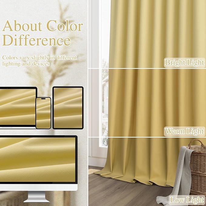 Guken Yellow 100% Blackout Linen Curtains 72 Inch Length 2 Panels Set - Image 7