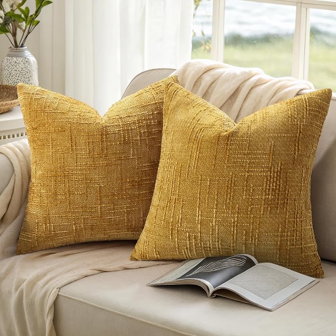 decorUhome Summer Mustard Yellow Chenille Euro Sham Throw Pillow Covers 22x22 - Image 9