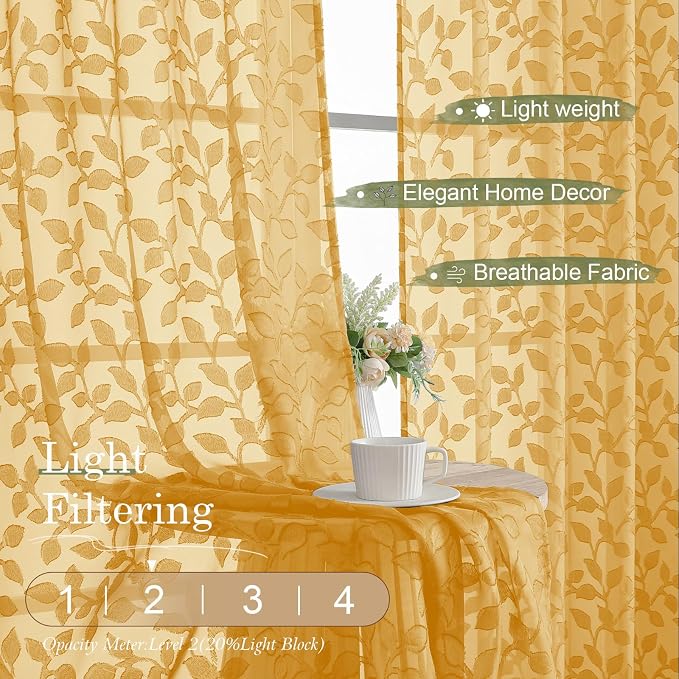 Chyhomenyc Gold Sheer Curtains 96 Inch Length 2 Panels Set, Light Filtering - Image 2