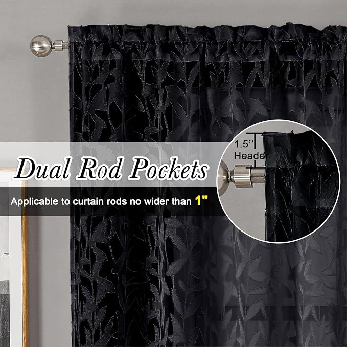 Lecloud Leia Black Sheer Curtains 84 Inches Long 2 Panels, Airy Leaf Textured - Image 4